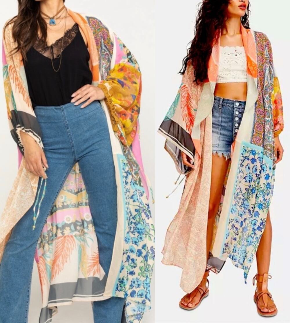 🔥Free People Keeping Up With Kimono Multicolor Duster Bohemian Festival Hippie